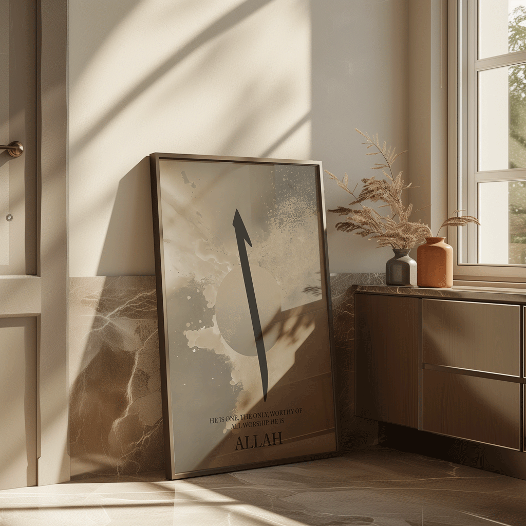Alif for Allah art print by Alpixel in a. golden frame leaning against a marble wall next to a window