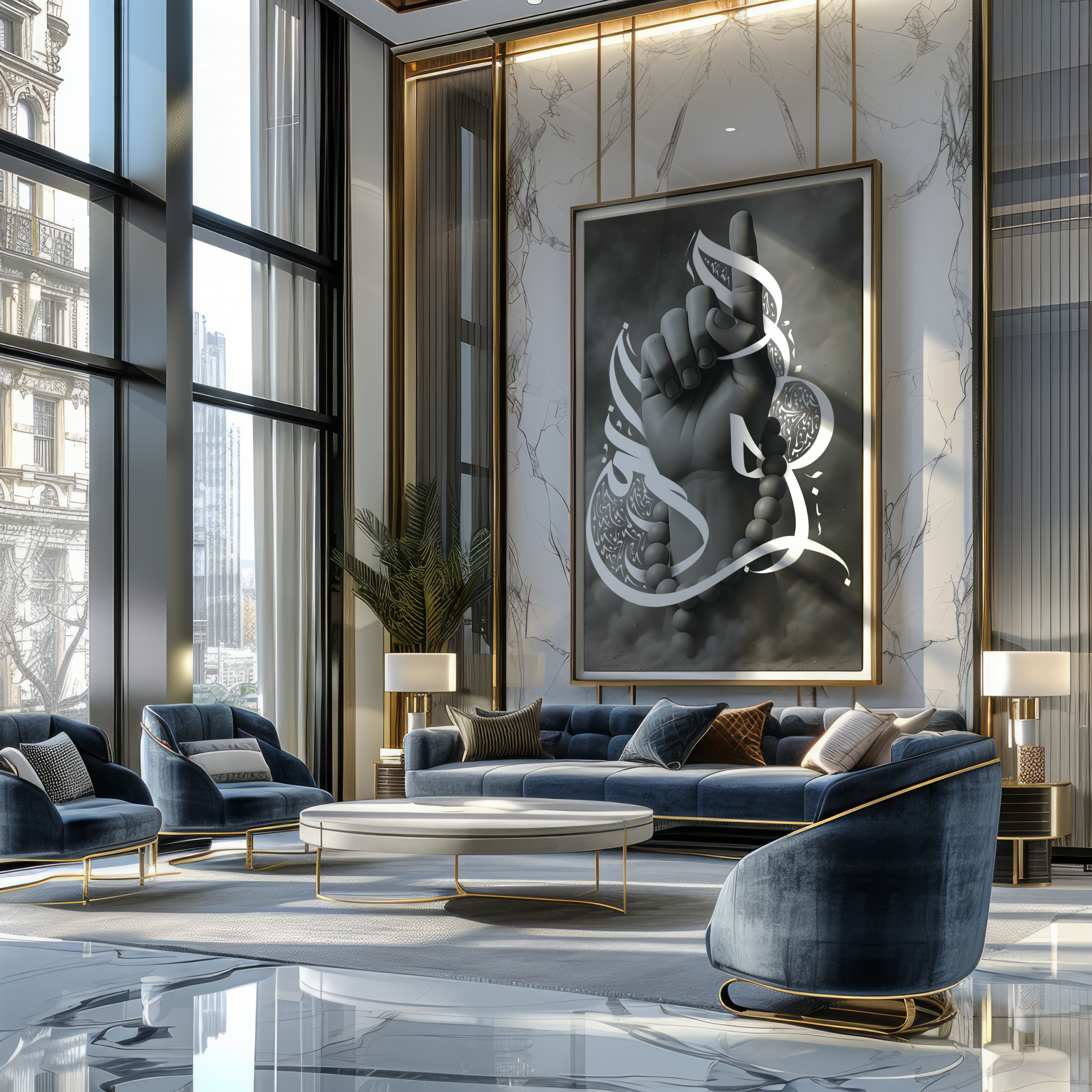 Marble elegant room with islamic art frame alpixel on the wall