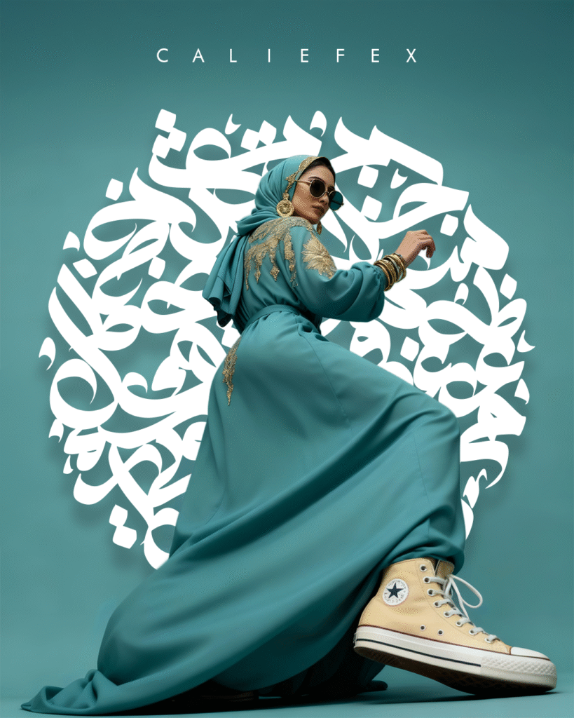 Woman wearing blue abaya with sunglasses and converses