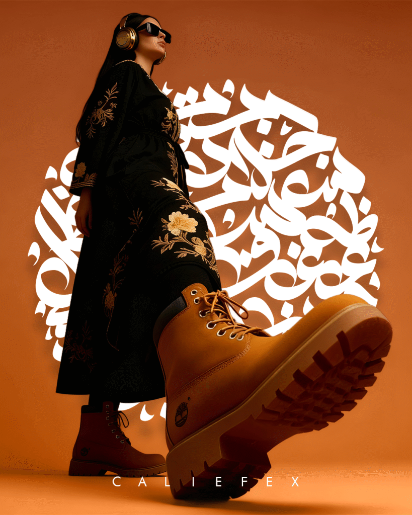 Woman wearing a black abaya with gold patterns in front of arabic calligraphy
