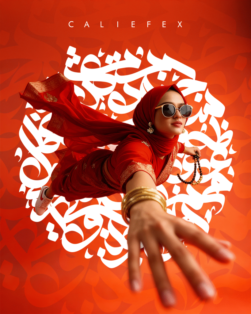 Woman wearing red saree and nike trainers in front of arabic calligraphy