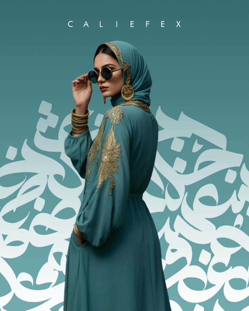 Woman wearing blue abaya with sunglasses and converses