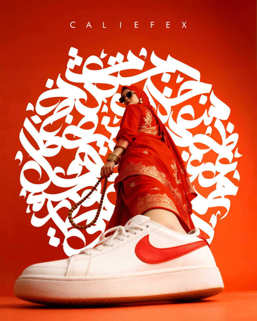 Woman wearing red saree and nike trainers in front of arabic calligraphy