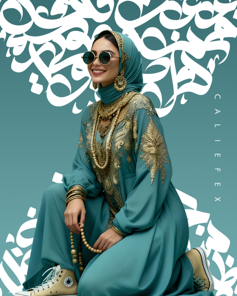 Woman wearing blue abaya with sunglasses and converses infant of arabic calligraphy