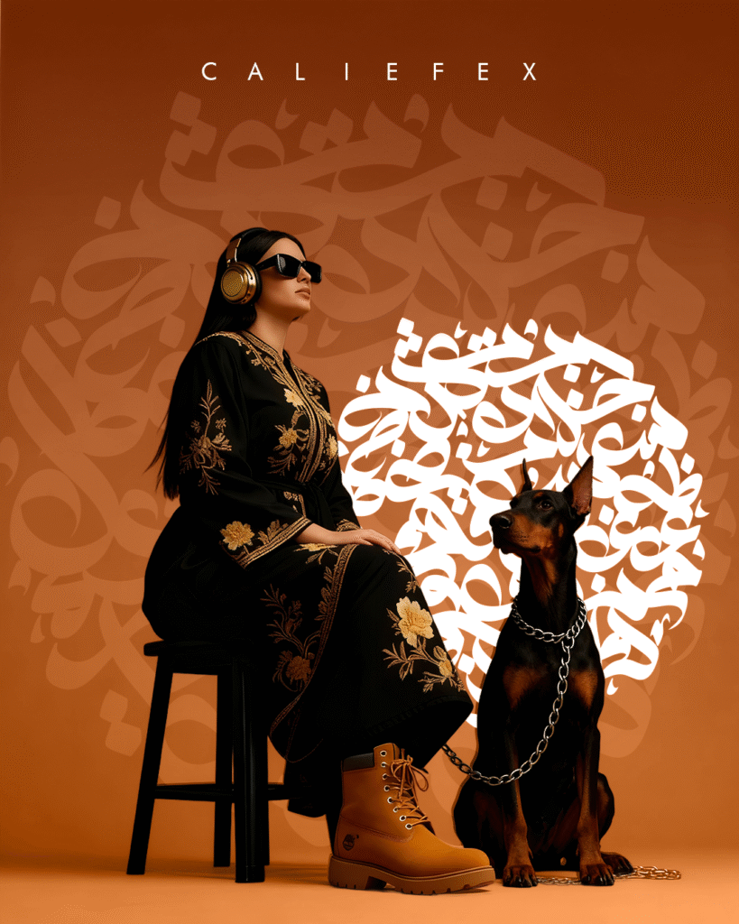 Woman wearing a black abaya with gold patterns in front of arabic calligraphy