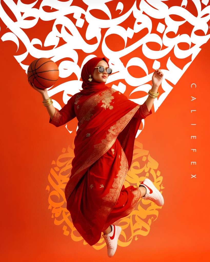Woman wearing red saree and nike trainers in front of arabic calligraphy