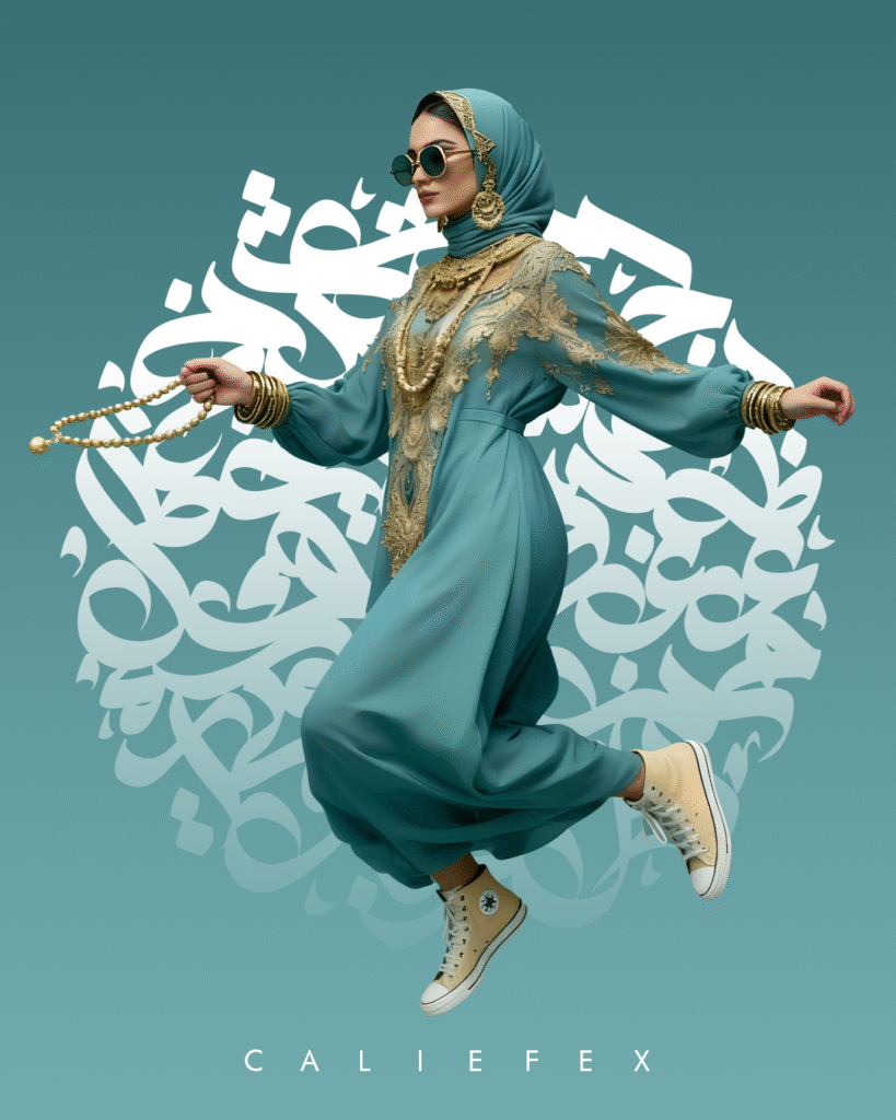 Woman jumping in the air wearing blue abaya with sunglasses and converses in front of arabic calligraphy