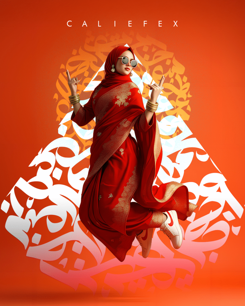 Woman wearing red saree and nike trainers in front of arabic calligraphy