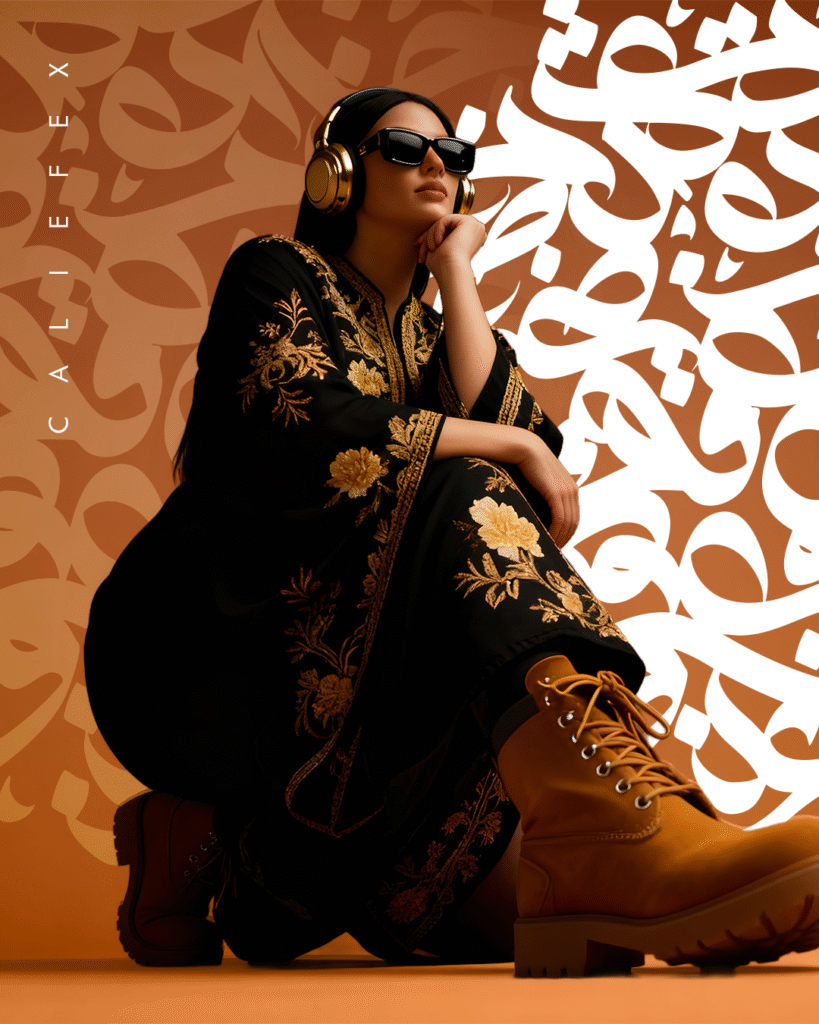 Woman wearing a black abaya with gold patterns in front of arabic calligraphy