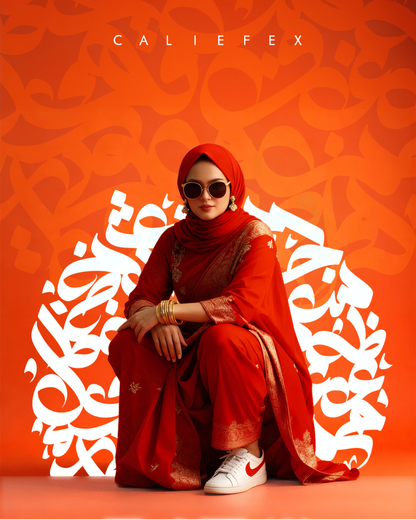 Woman wearing red saree and nike trainers in front of arabic calligraphy