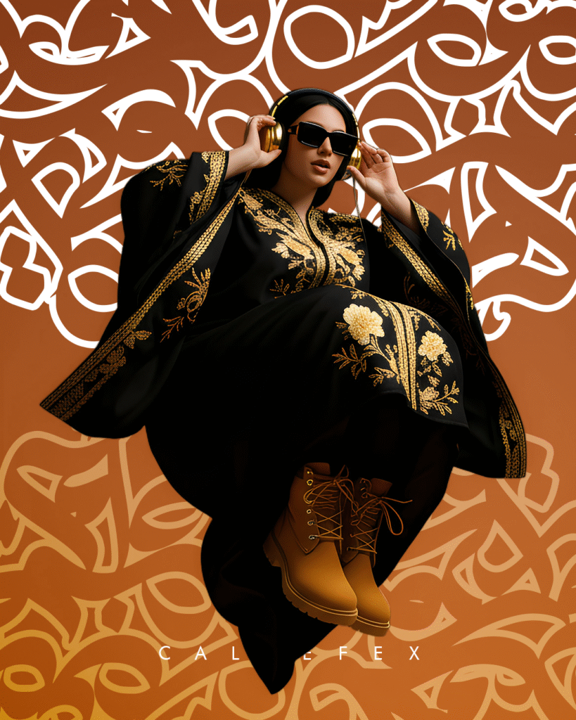 Woman wearing a black abaya with gold patterns in front of arabic calligraphy