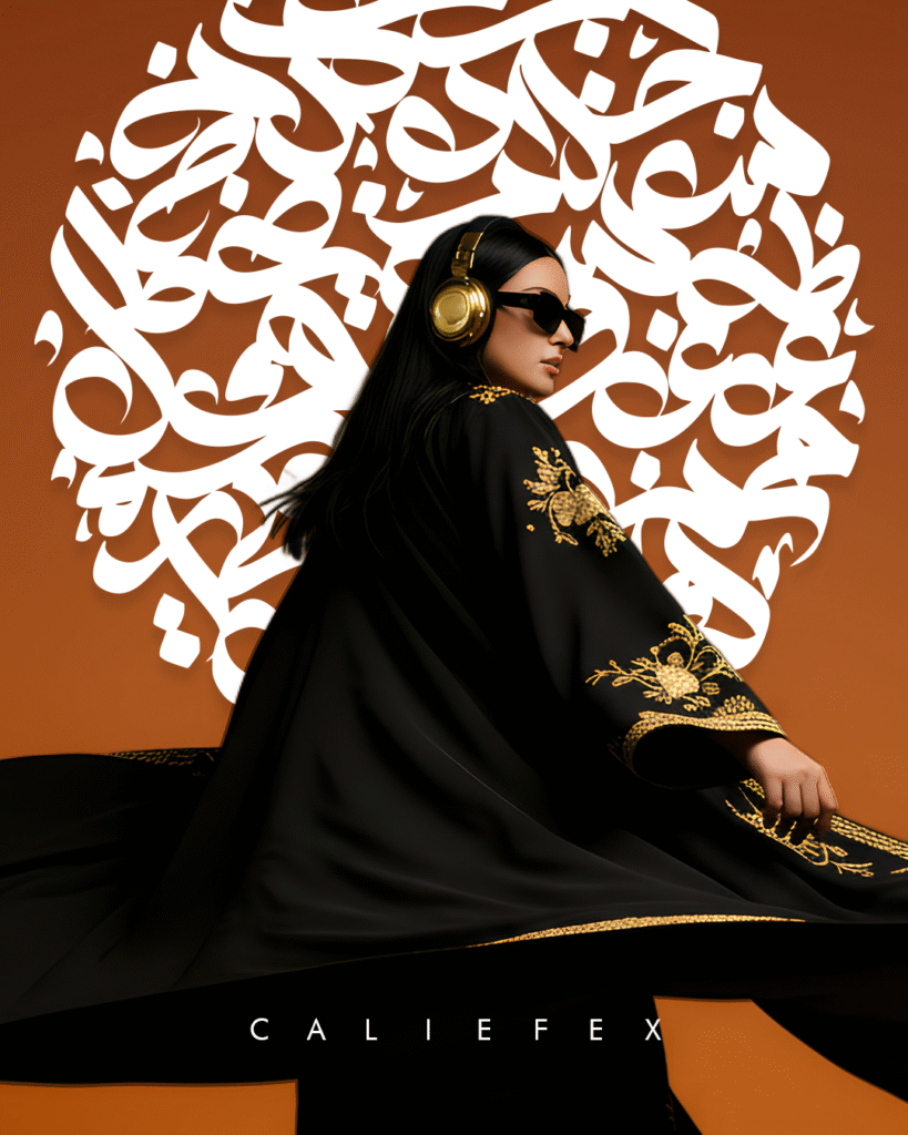 Woman wearing a black abaya with gold patterns in front of arabic calligraphy