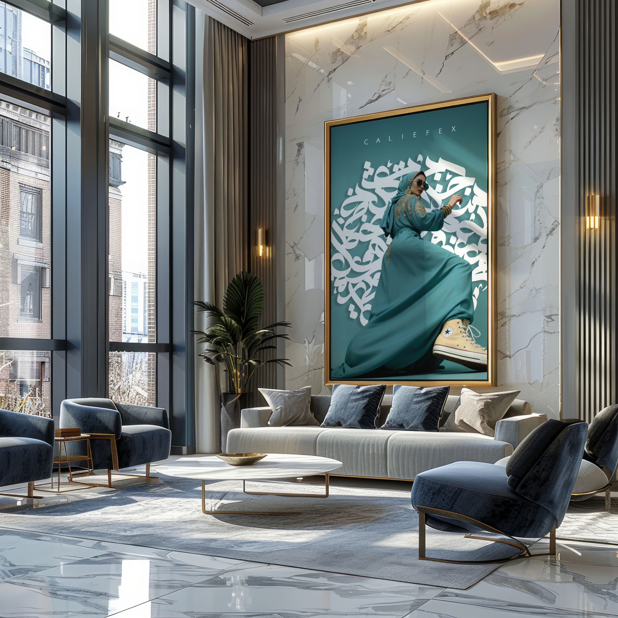 Woman jumping in the air wearing blue abaya with sunglasses and converses infant of arabic calligraphy in a frame on a marble wall